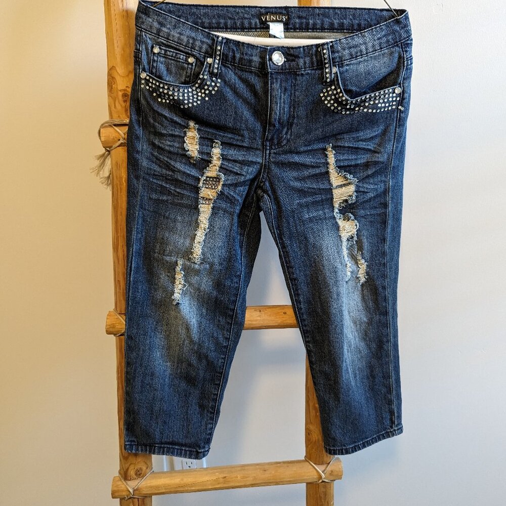 Venus Sequenced & Distressed Capris Jeans Blue 4